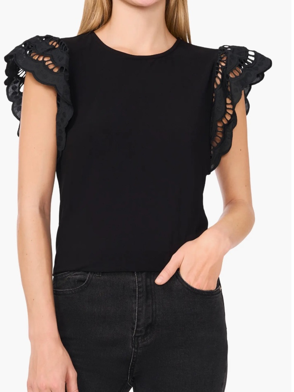 NWT CeCe Embroidered Flutter Sleeve Mixed Media Top Black Sz 2X